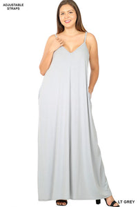 Curvy Cami V-Neck Maxi Dress W/Pockets- Lite Grey