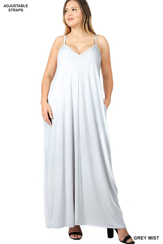 Curvy Cami V-Neck Maxi Dress W/Pockets -Grey Mist