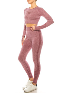 Two Piece Long Sleeve Yoga Leggings Set-Burgundy