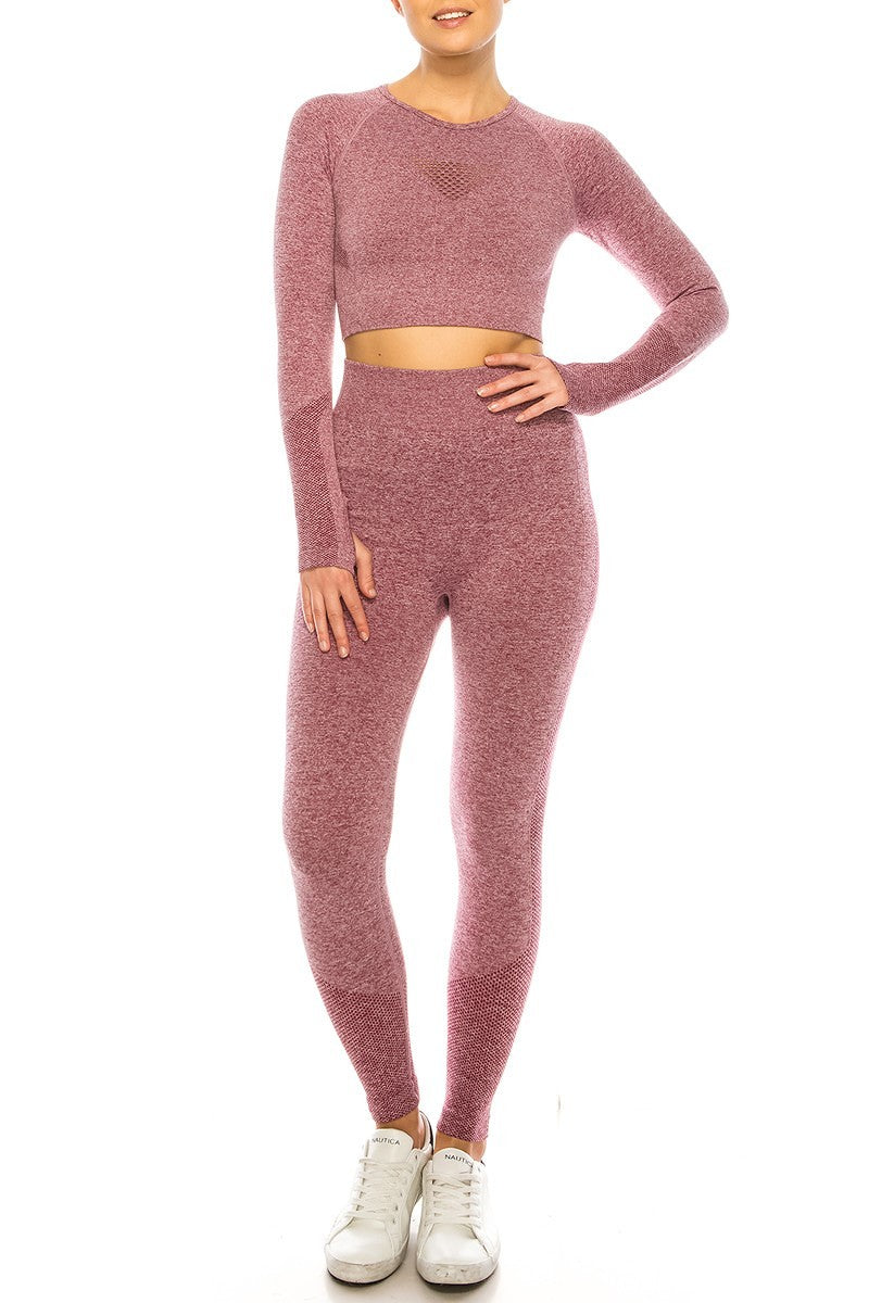 Two Piece Long Sleeve Yoga Leggings Set-Burgundy