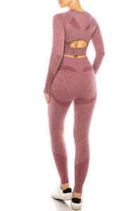 Two Piece Long Sleeve Yoga Leggings Set-Burgundy