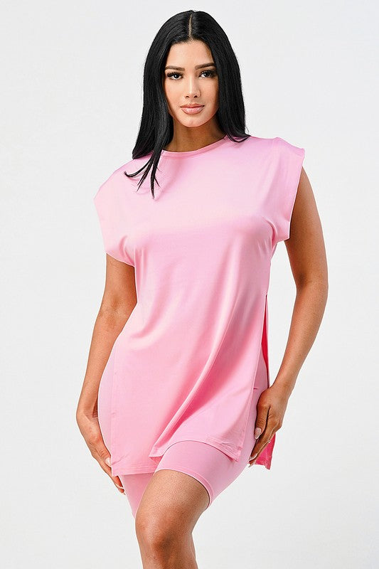 Ave83 Side Slit Tank and Biker Short Set- Pink