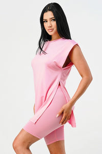 Ave83 Side Slit Tank and Biker Short Set- Pink